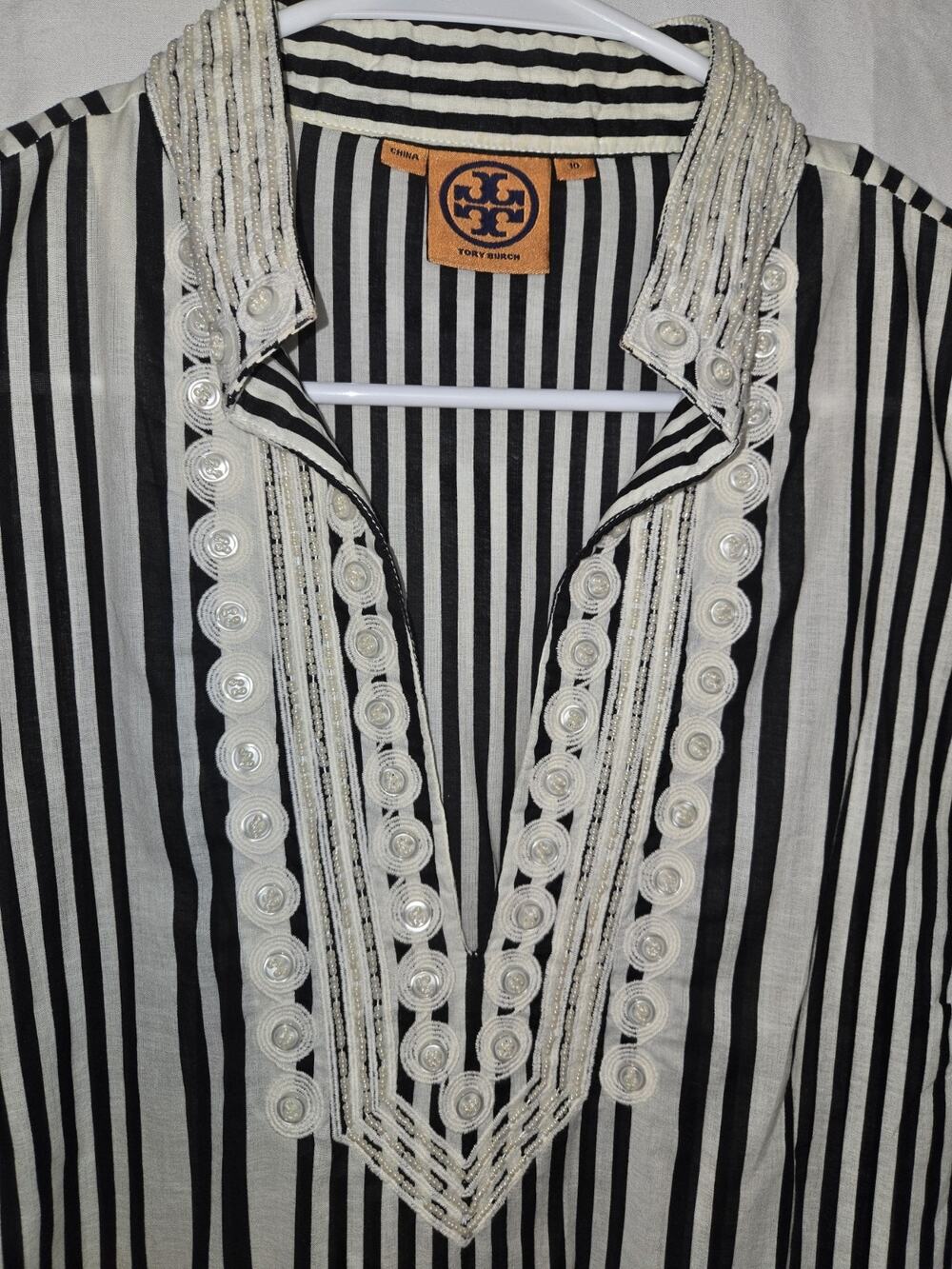 Tory Burch US Womens Size 10 Button & Bead Trim V-Neck Tunic Black Cream Stripe